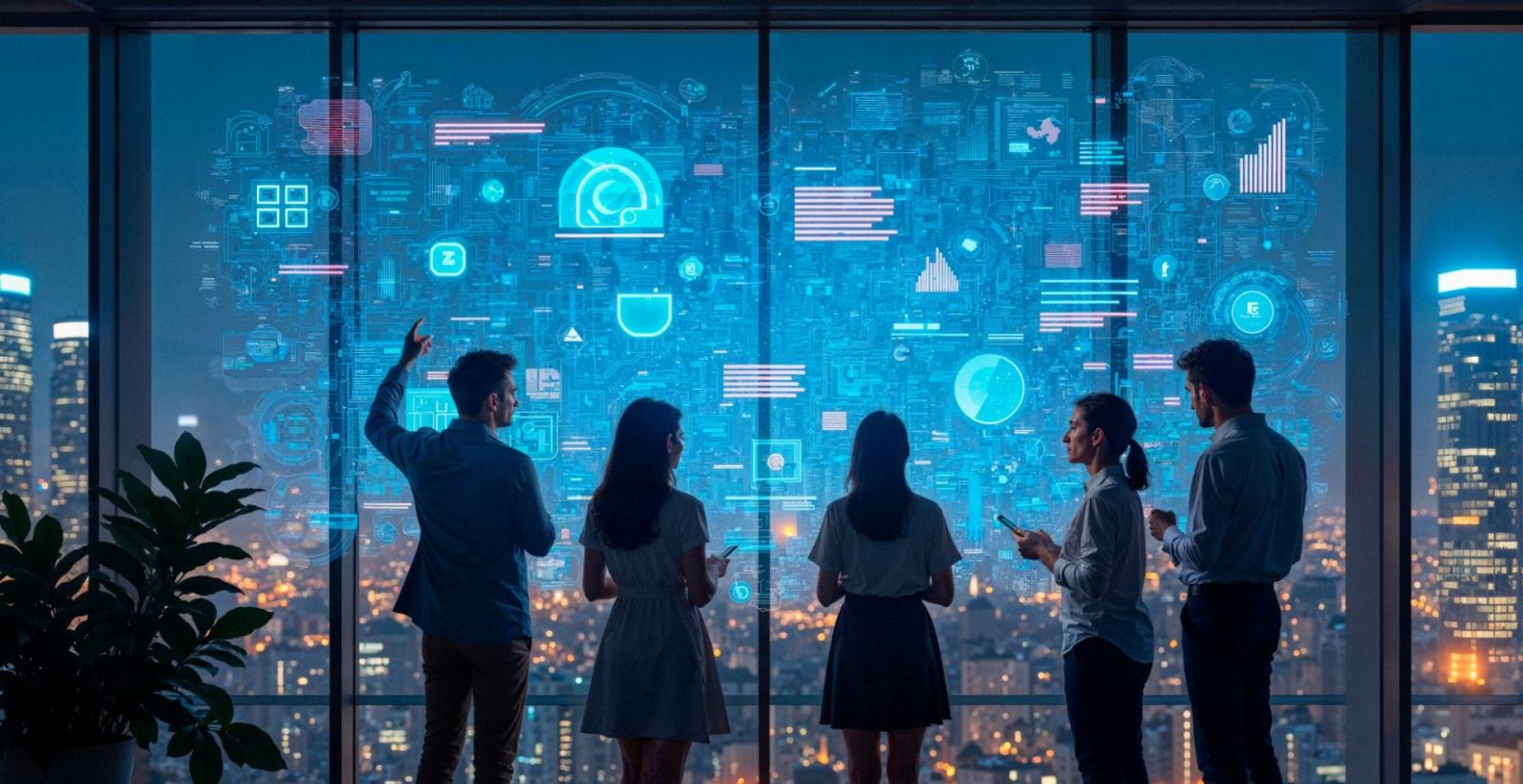 People reviewing data on large digital screens