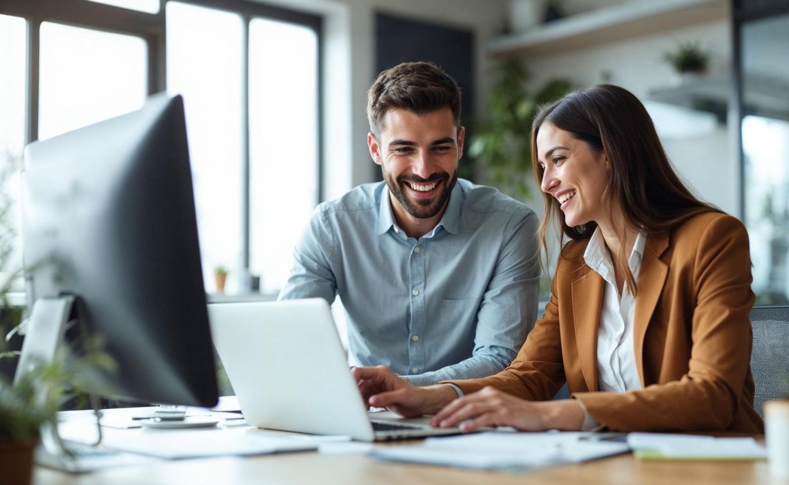 Two colleagues talking at a computer